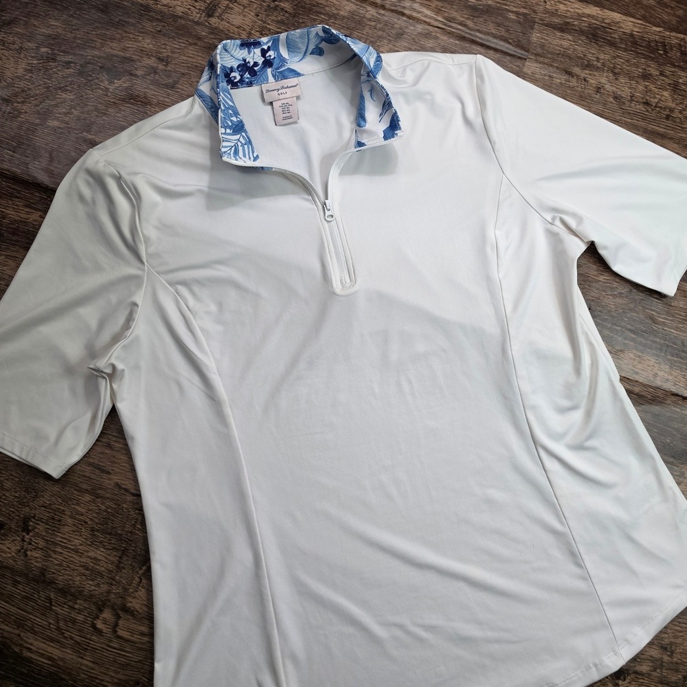TOMMY BAHAMA Golf Polo Shirt Womens XL White Blue Tropical Floral Quarter Zip